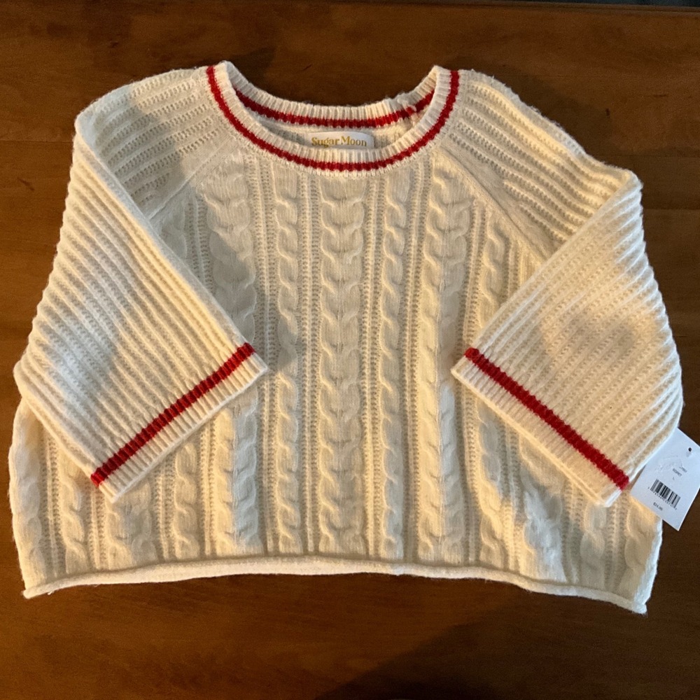 Sugar Moon Cream Cable Knit Sweater Red‎ Trim Cropped Bell Sleeve Womens L